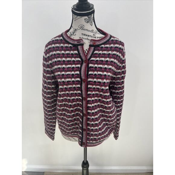 Karen Scott 100% Pure Lambs Wool Striped Cardigan Sweater Timeless Cozycore MP - Picture 1 of 5